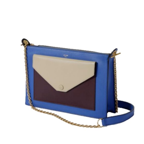 Celine Handbags - Celine Tri-Color Blue Leather Envelope Pocket Clutch on a Gold Chain